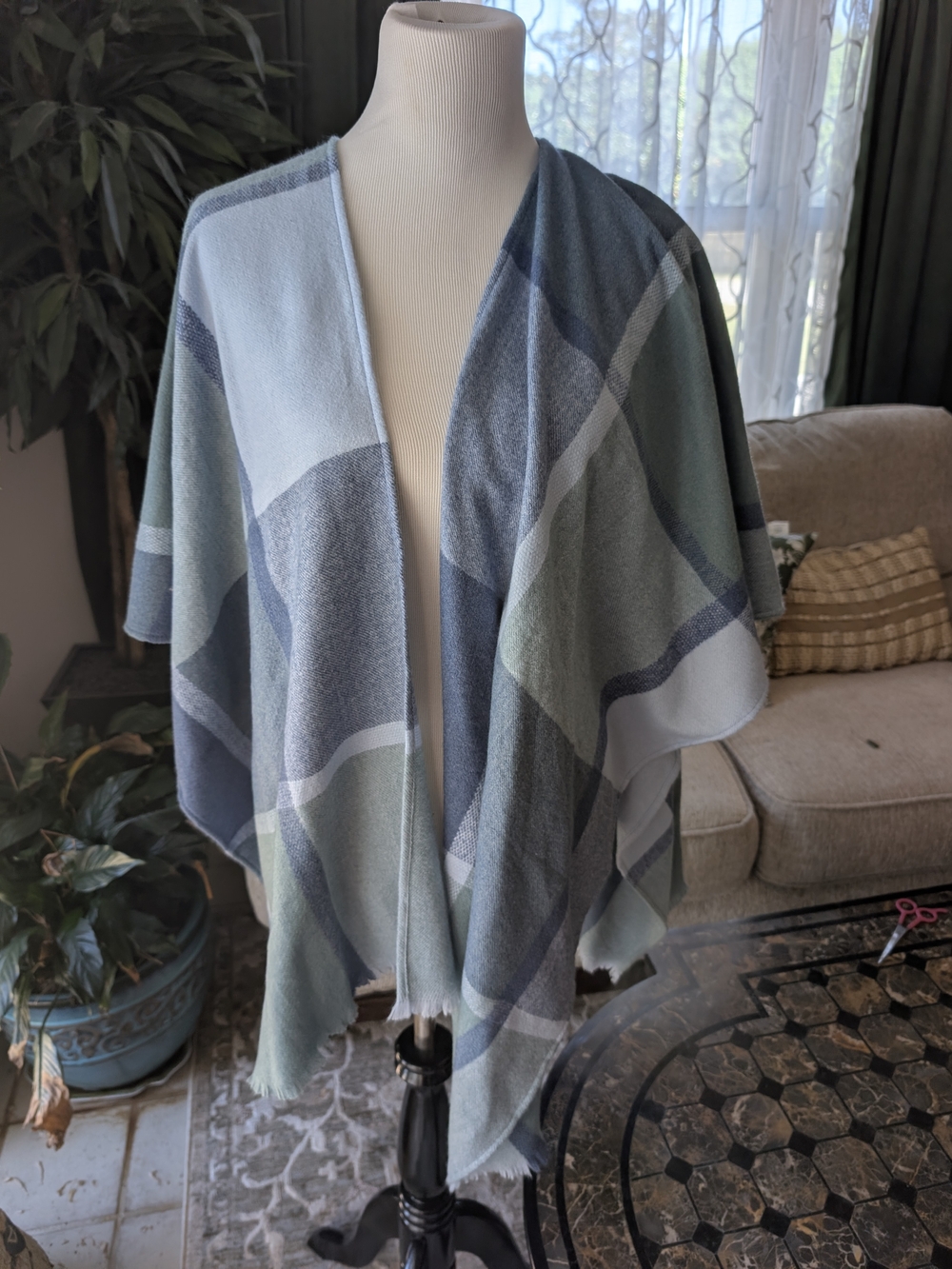 Chico's Plaid Shawl Cape in Light Blue, Gray and Sage